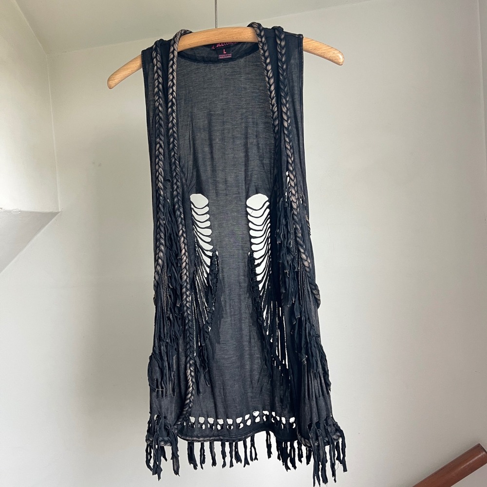 Rock & Roll Cowgirl Vest Large Black Braided Fringe Western Boho Edgy Festival - Picture 5 of 15